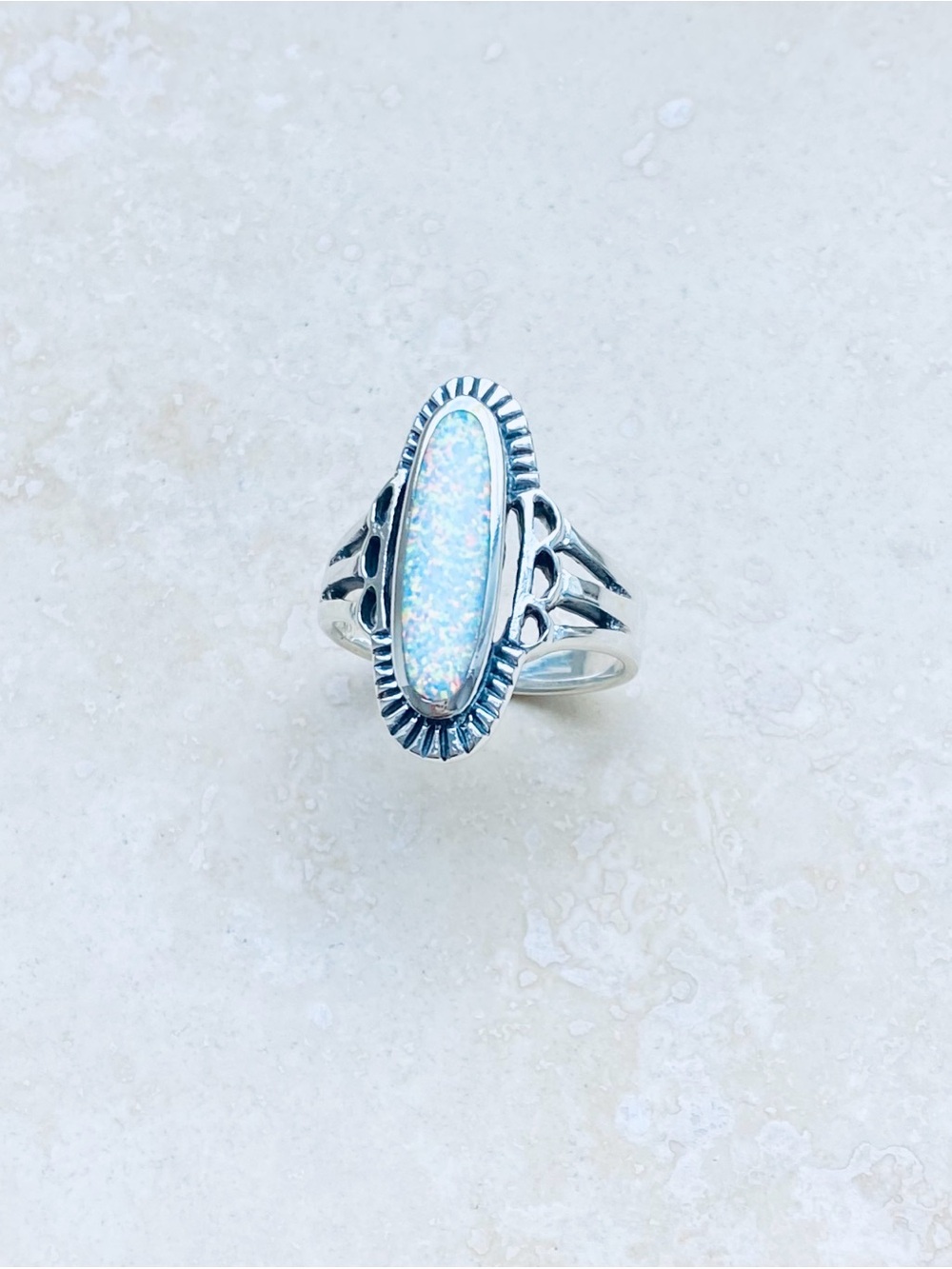 😍TOP SELLER😍 925 Silver Etched White Lab Opal Ring, Statement Boho Silver Rings - Picture 8 of 11